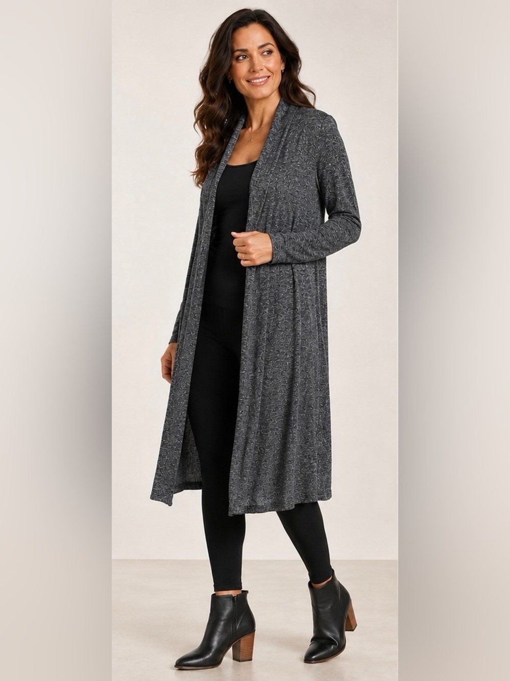 Soft Surroundings Marled Charcoal Gray Long
Open-Front Cardigan, Size L